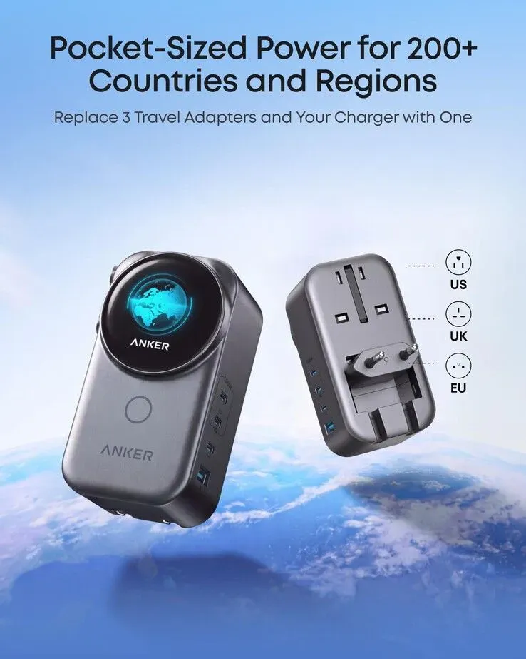 Foto tampilan multi-monitor dan display Adaptor Travel Anker 100W Ini Punya Layar Pintar