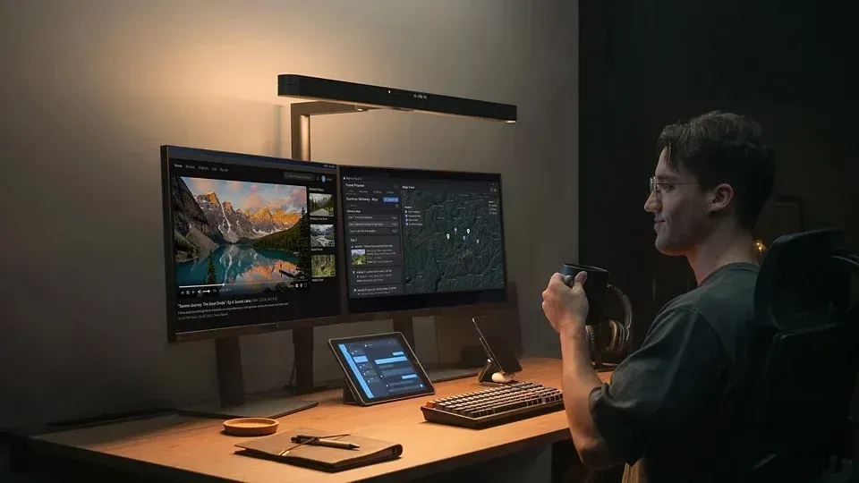 Foto tampilan multi-monitor dan display BenQ Punya Lampu Meja Khusus iMac dan Meja Dual Monitor