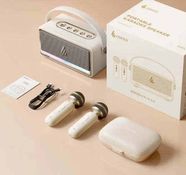 Ilustrasi edifier k200 packaging Edifier K200 Bawa Dua Mikrofon untuk Karaoke di Rumah