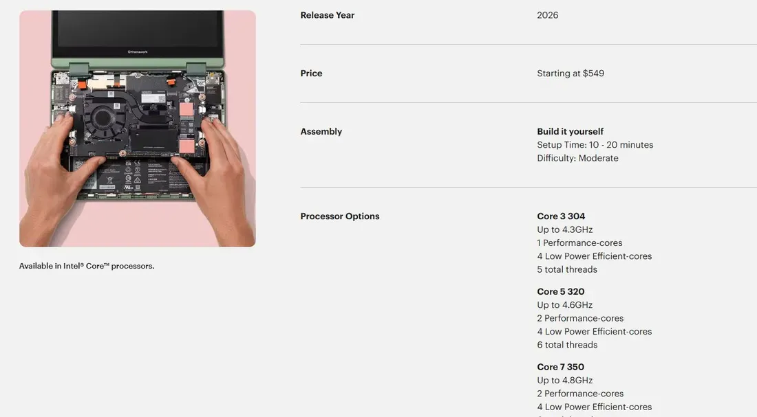 Foto tampak penampang atas Framework Laptop 12 Hadir dengan Intel Wildcat Lake, Baterai