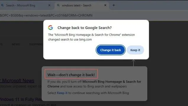 Ilustrasi csm microsofts desperate prompt under chromes warning nudging users to continue the bing path a4abeb9f87 Microsoft Rilis Aplikasi Rahasia di Windows 11, 'Paksa' Bing