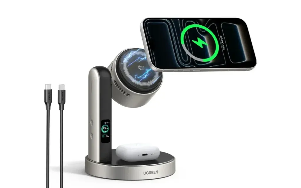 Foto desain fisik docking station Ugreen Rilis Stand Charger Qi2 25W Lengkap Kipingin Aktif &