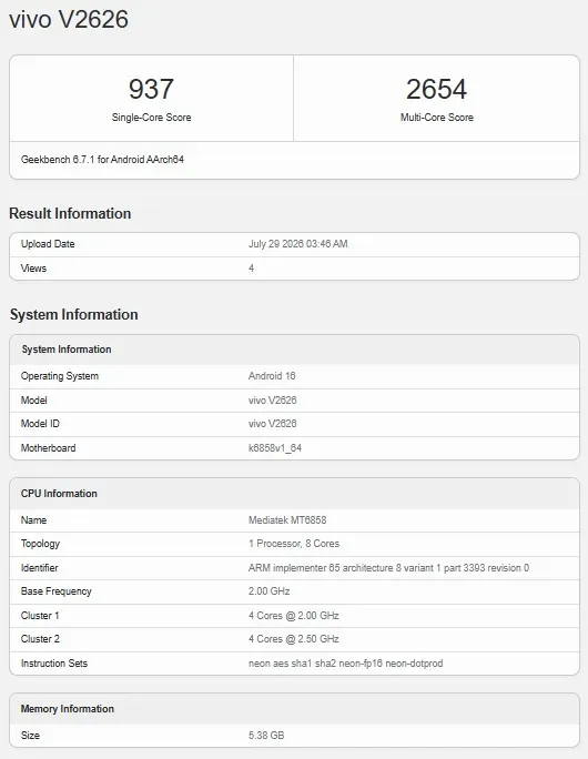 Ilustrasi vivo v2626 geekbench Vivo V80 Lite Siap Meluncur Bawa Baterai Monster 10.000 mAh