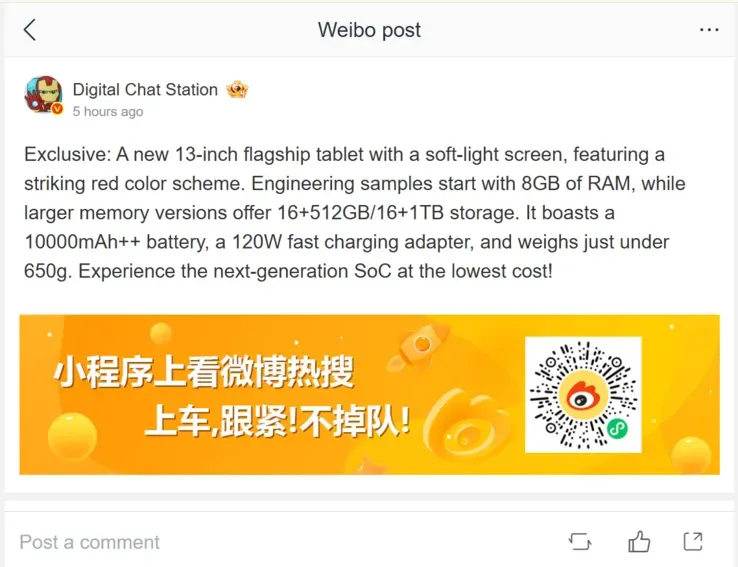Ilustrasi csm weibo post ab37a2c4d2 Xiaomi Pad 9 Pro Max Bawa Baterai Jumbo dan Cas 120W