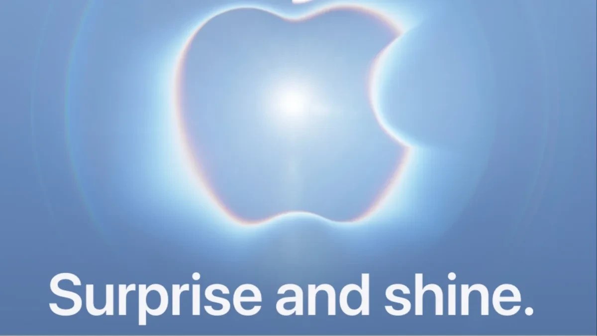 Ilustrasi event peluncuran Apple dengan iPhone Ultra lipat dan Apple Watch