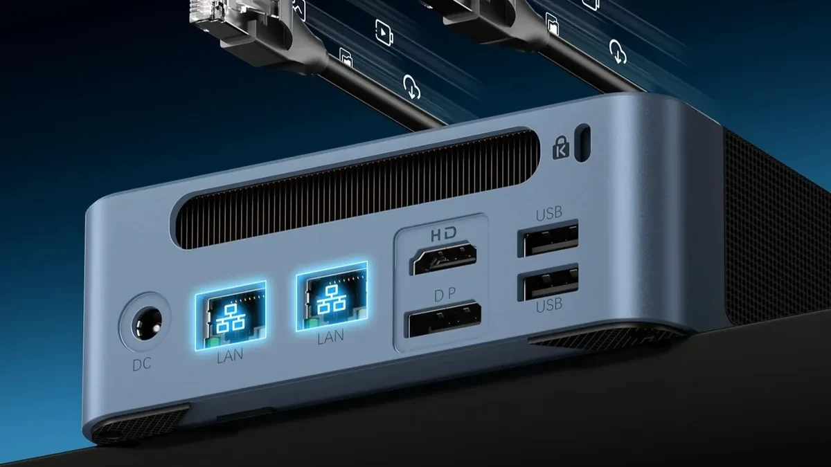 Bosgame E5 Plus mini PC dengan prosesor AMD Ryzen 3 5400U dan konektivitas tiga layar 4K
