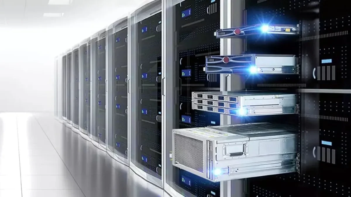 Ilustrasi rak server pusat data AI dan komponen mekanis penyangga server