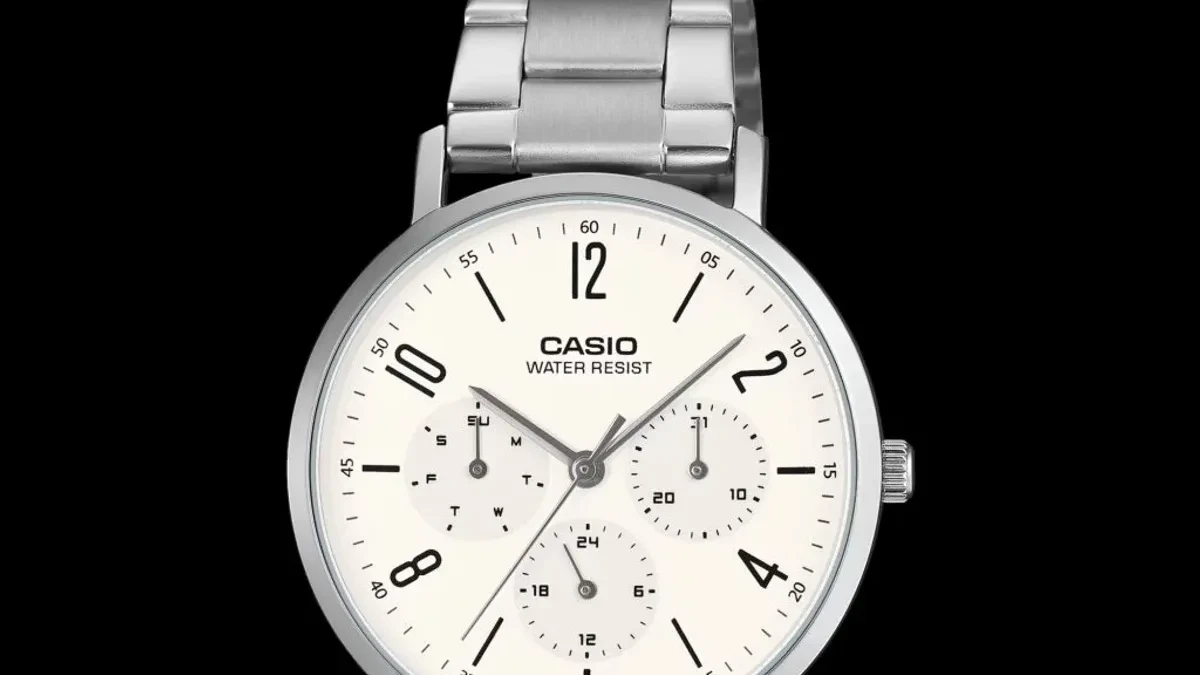 Empat jam analog Casio MTP-VT06 dengan pilihan tali stainless steel dan kulit