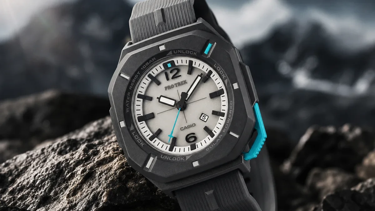 Jam tangan Casio Pro Trek PRJ-01AE-8J analog berwarna abu-abu dan putih