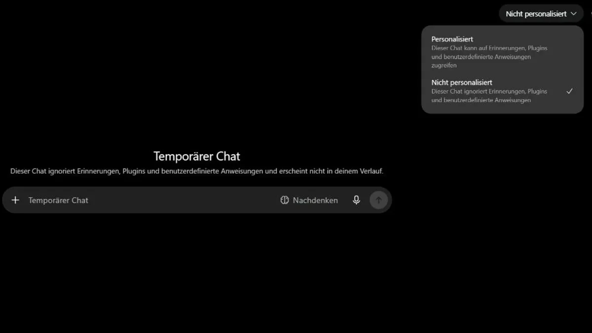 Menu pilihan Non-personalized dan Personalized pada Temporary Chat ChatGPT