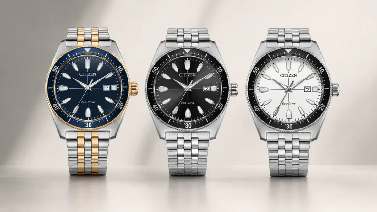 Tiga jam olahraga Citizen AW191 Eco-Drive dengan casing stainless steel dan dial berbeda