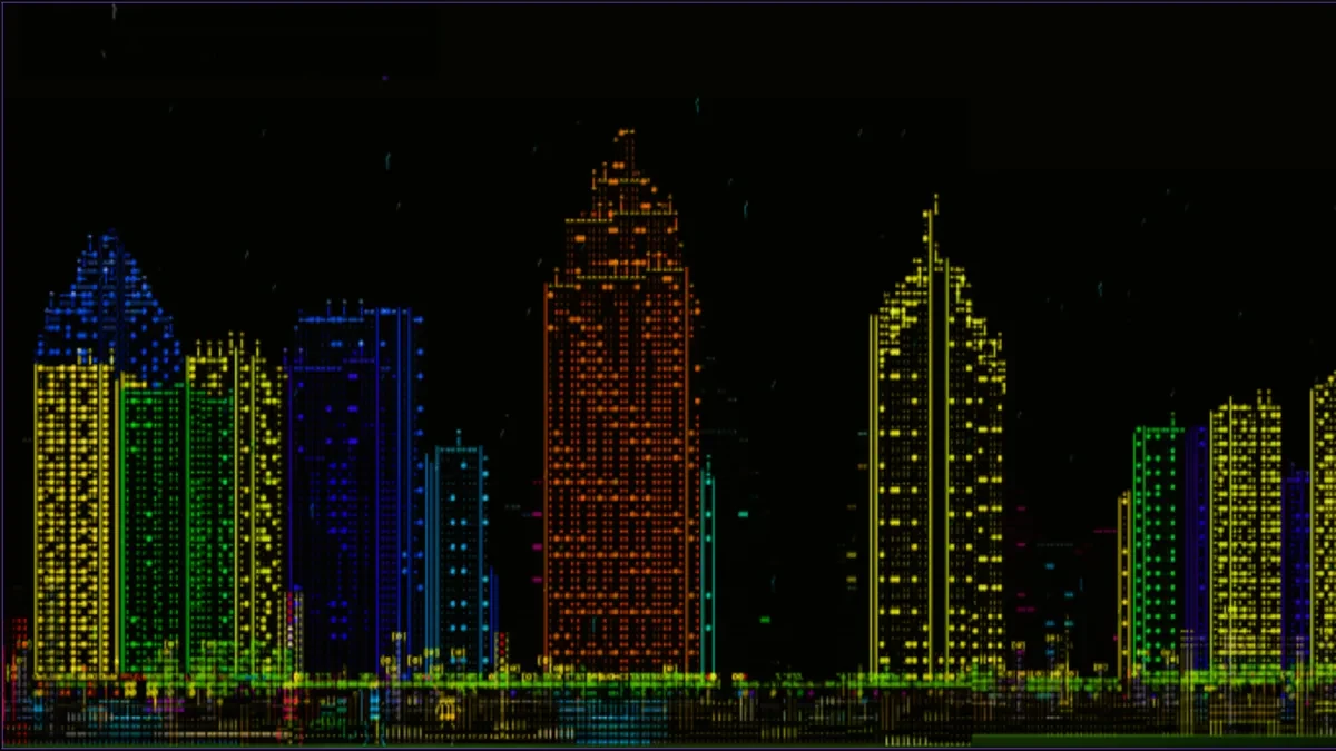 Kota cyberpunk tiga dimensi ASCII CITY Prototype 1 buatan Grow Now Games