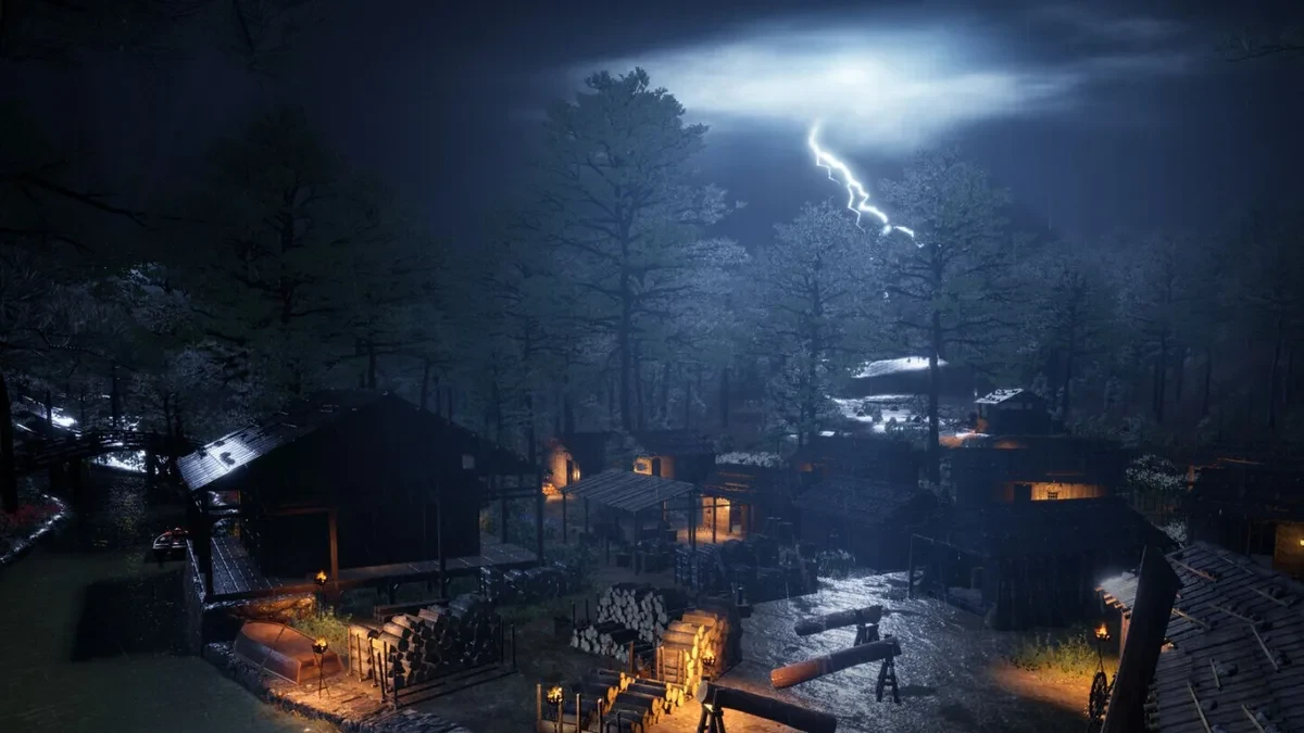 Adegan pembangunan desa dan pertarungan dalam game Sengoku Dynasty berlatar Jepang feodal