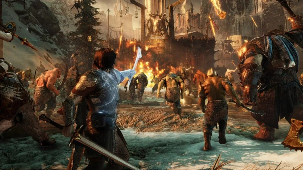 Gameplay Middle-earth Shadow of War dengan Talion melawan pasukan orc