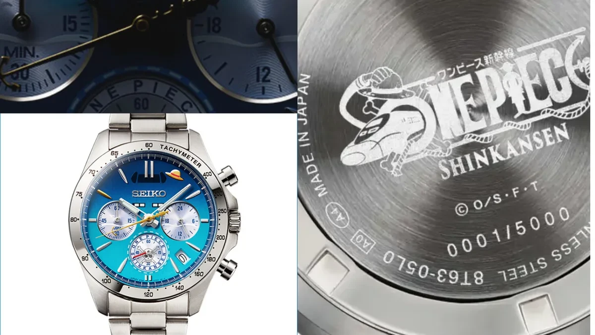 Jam tangan kronograf Seiko edisi terbatas bertema One Piece Shinkansen dengan dial biru gradasi