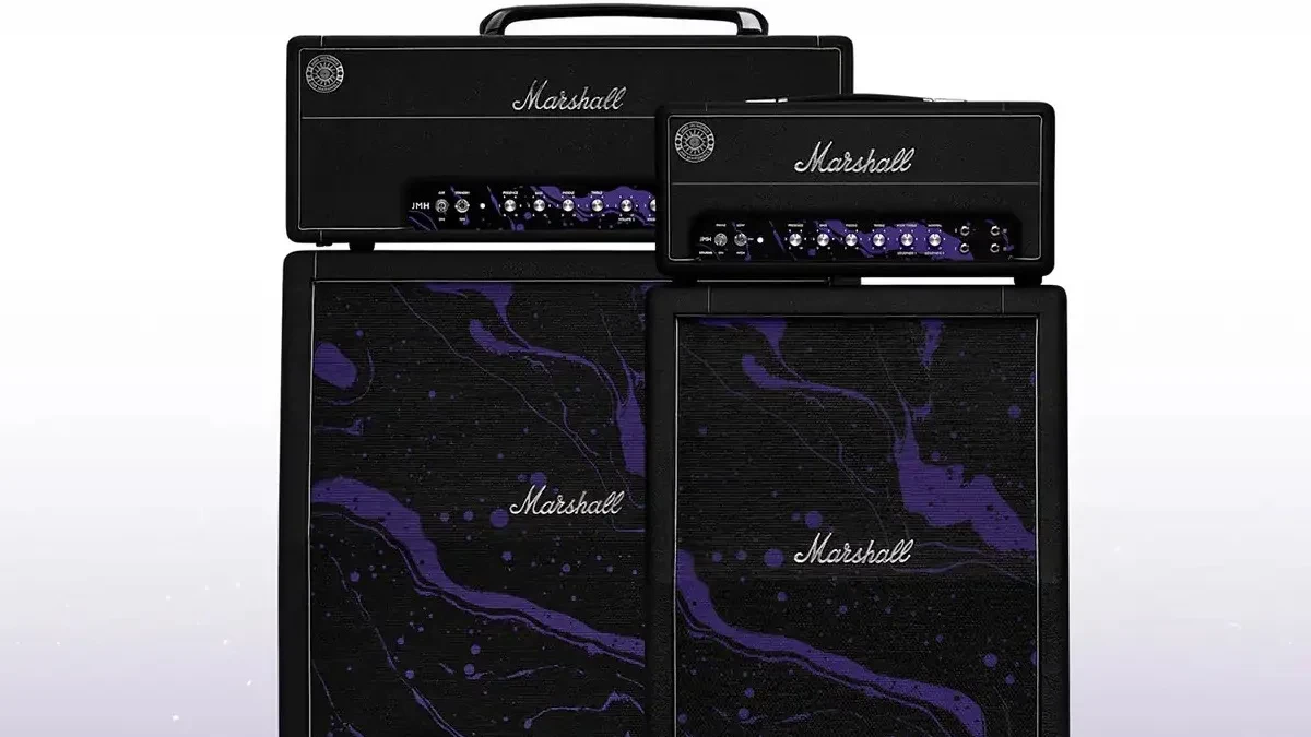 Amplifier, speaker Emberton III, dan headphone Major V edisi terbatas Marshall Jimi Hendrix dengan warna ungu psikedelik