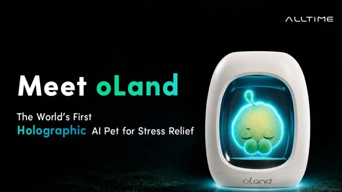 oLand teman AI holografik ALLTIME dengan ekosistem mini di atas meja kerja