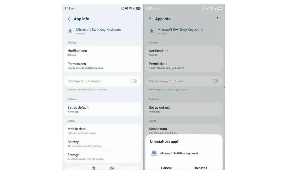 Tampilan antarmuka One UI 9 pada smartphone Samsung Galaxy dengan opsi hapus aplikasi SwiftKey.