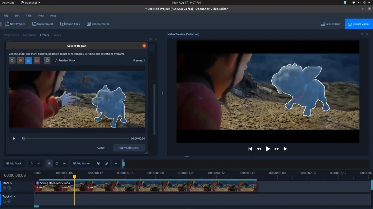 Antarmuka pembaruan OpenShot 4.0 dengan fitur AI masking offline dan color grading profesional