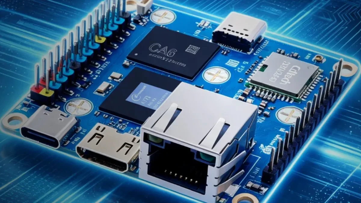 OrangePi Zero 4 single-board computer dengan port Mini HDMI USB-C dan Ethernet