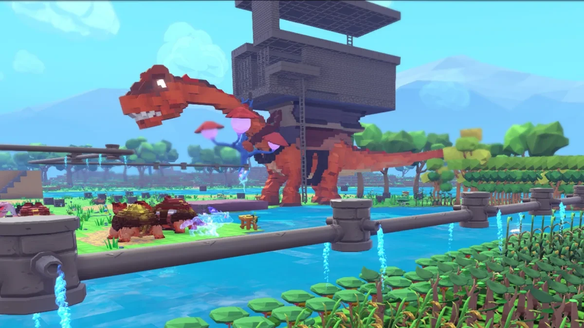 Gameplay PixARK dengan dinosaurus dan bangunan berbasis voxel