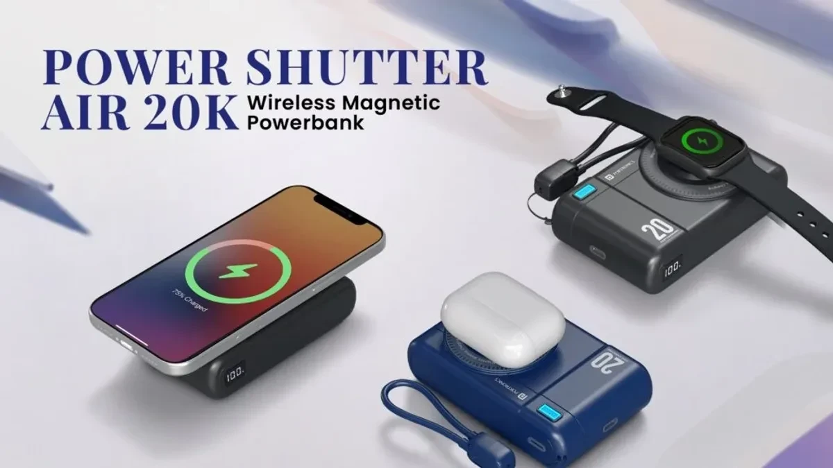Powerbank Portronics Power Shutter Air 20K dengan desain lensa kamera dan fitur pengisian nirkabel Qi2 15W