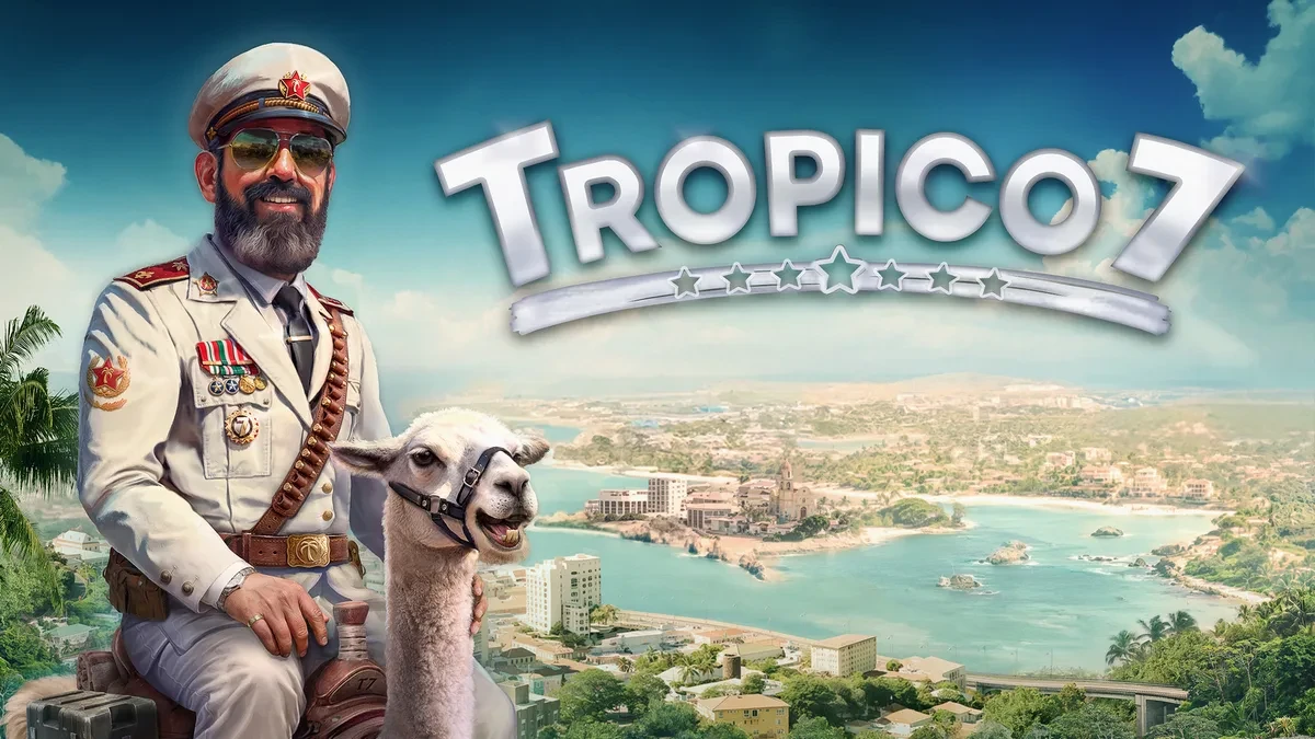 Tampilan gameplay Tropico 7 dengan kota tropis dan sistem terraforming