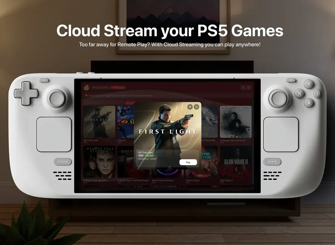 Tampilan antarmuka cloud streaming gim PS5 pada aplikasi Asobi di Steam Deck