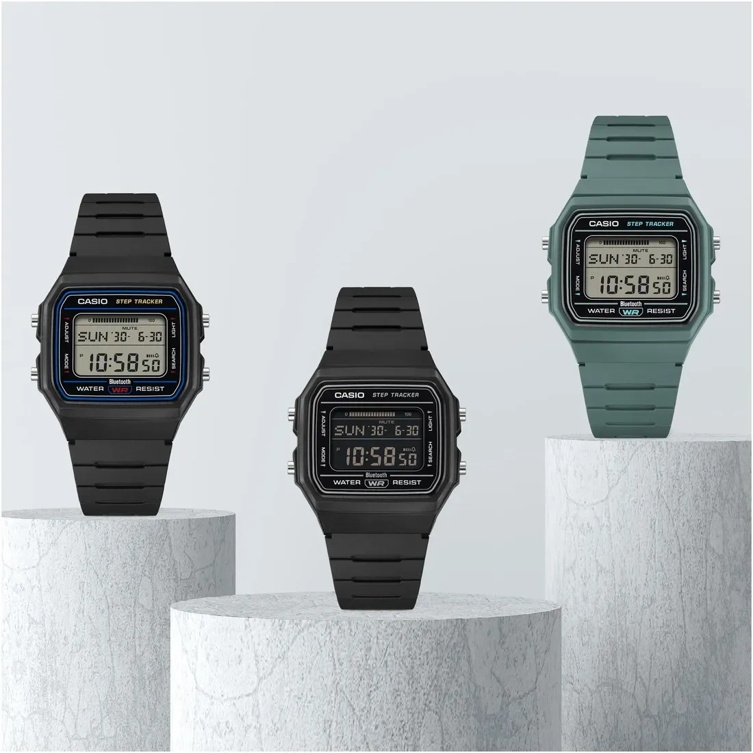 Tampilan layar LCD Casio F-B100W menunjukkan grafik penghitung langkah