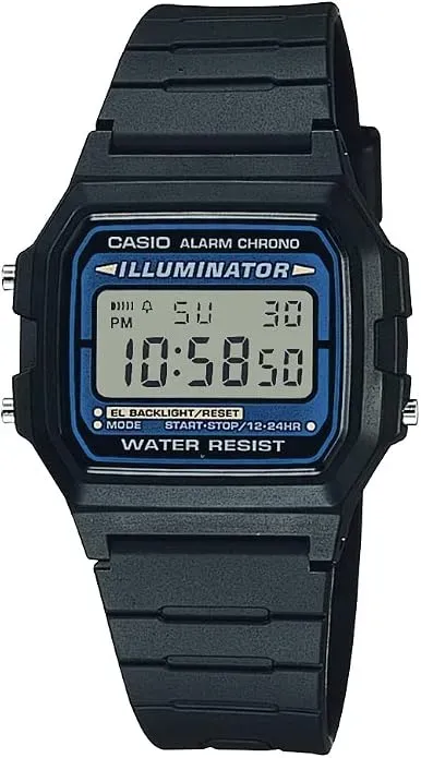 Tampilan layar EL backlight bernuansa hijau biru pada Casio F-105W-1A