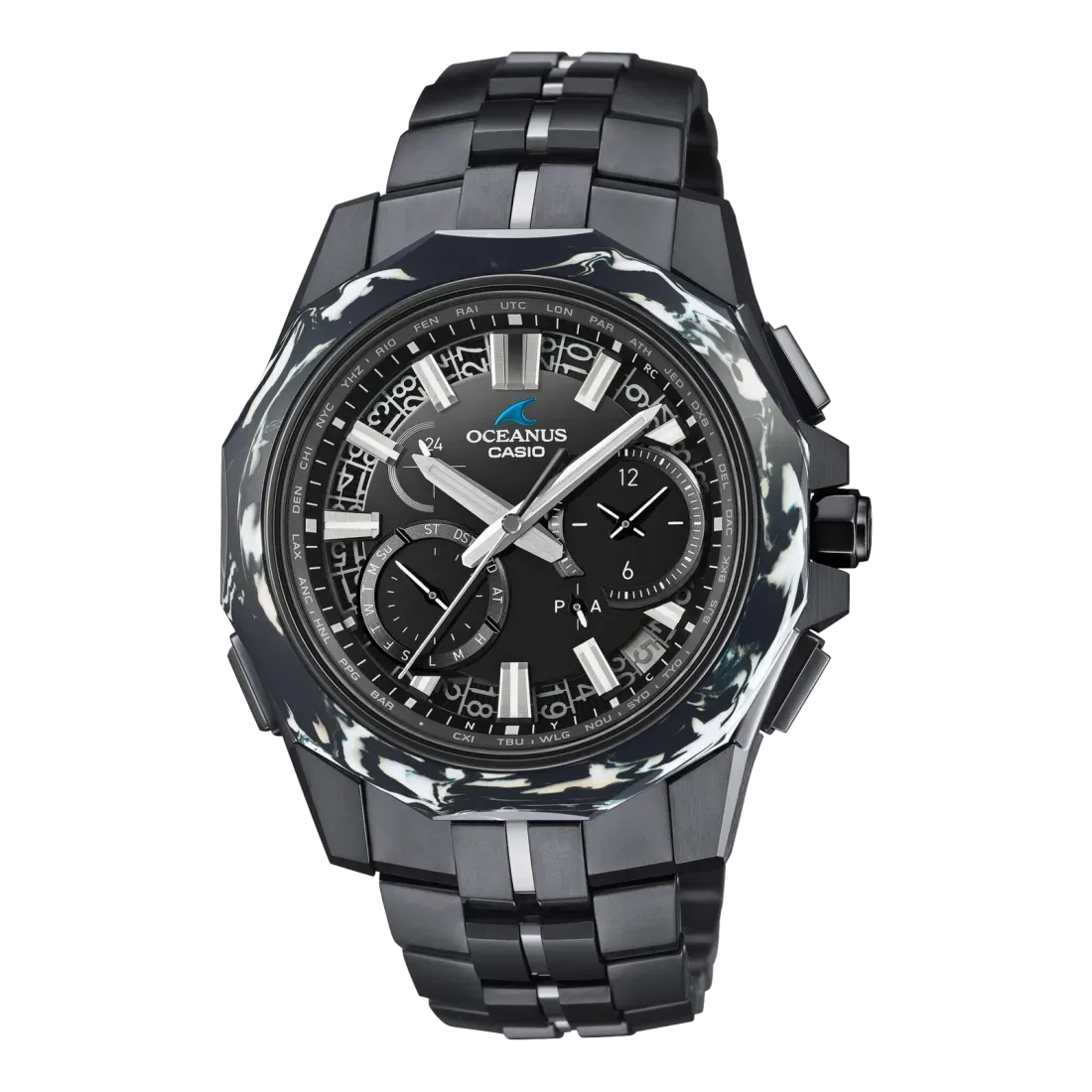 Detail dial dan bezel marble ceramic Casio Oceanus Manta