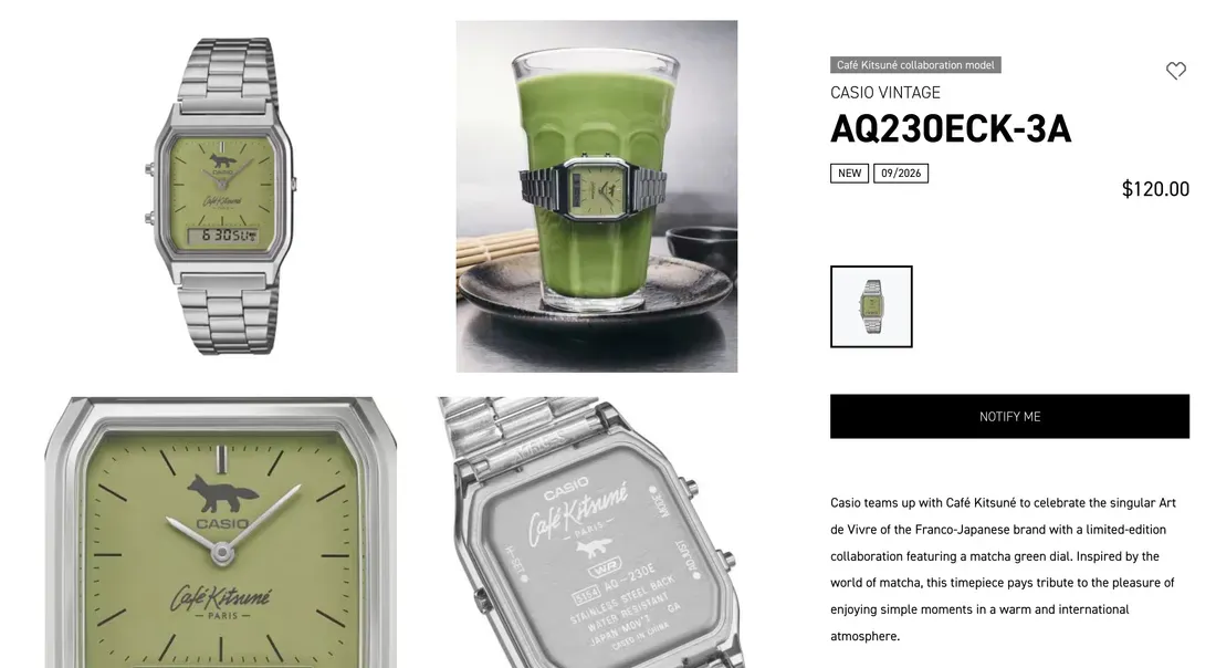Foto tampilan multi-monitor dan display Casio x Cafe Kitsune: Jam Tangan Hybrid Bergaya Matcha Seger