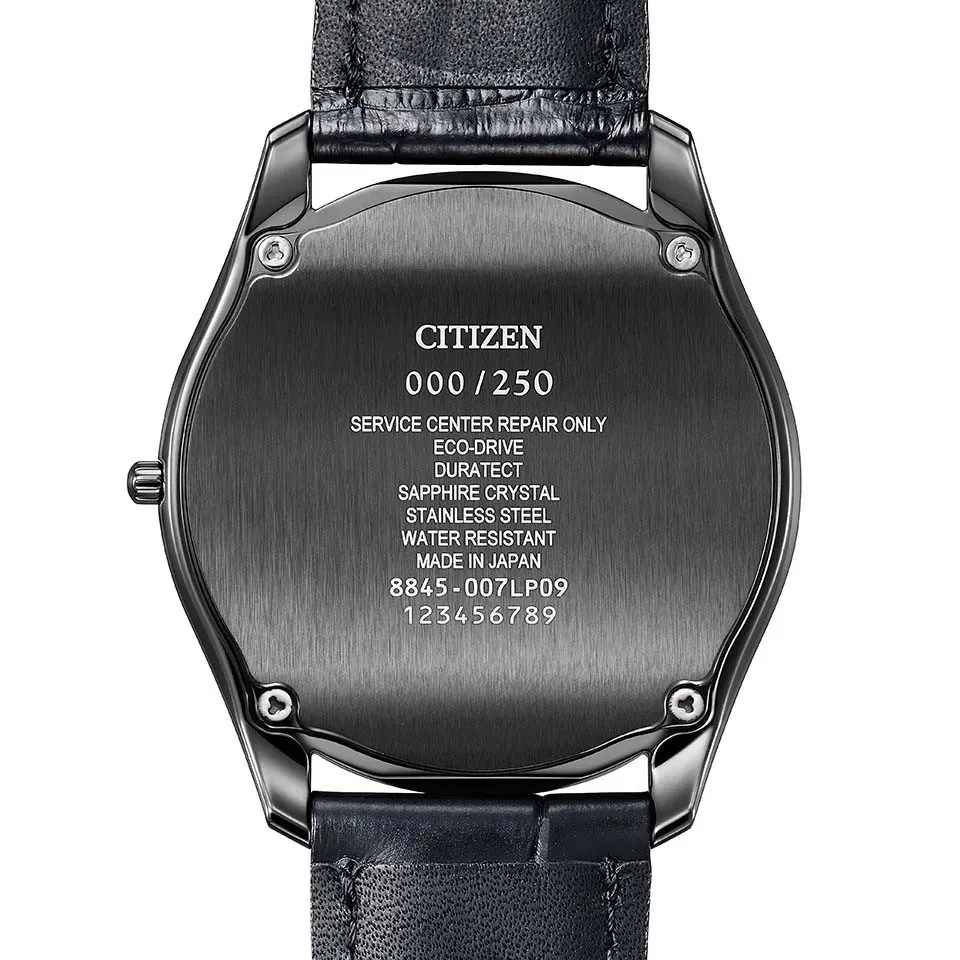 Bagian belakang casing Citizen Eco-Drive One AQ5025-04N dengan nomor edisi terbatas
