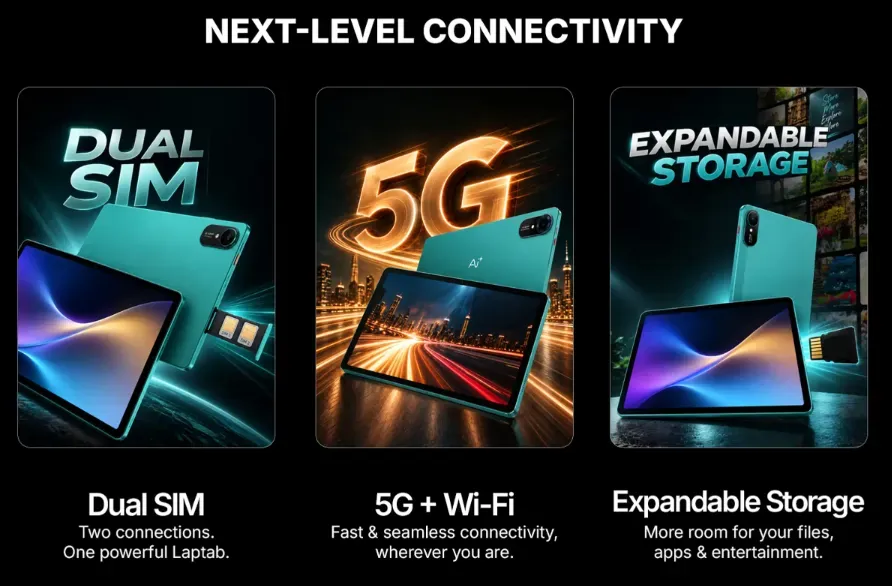 Foto tampak port belakang dan konektivitas I/O Dua SIM 5G dan Baterai Jumbo, Tablet Ai+ LapTab Siap Gantikan Laptop