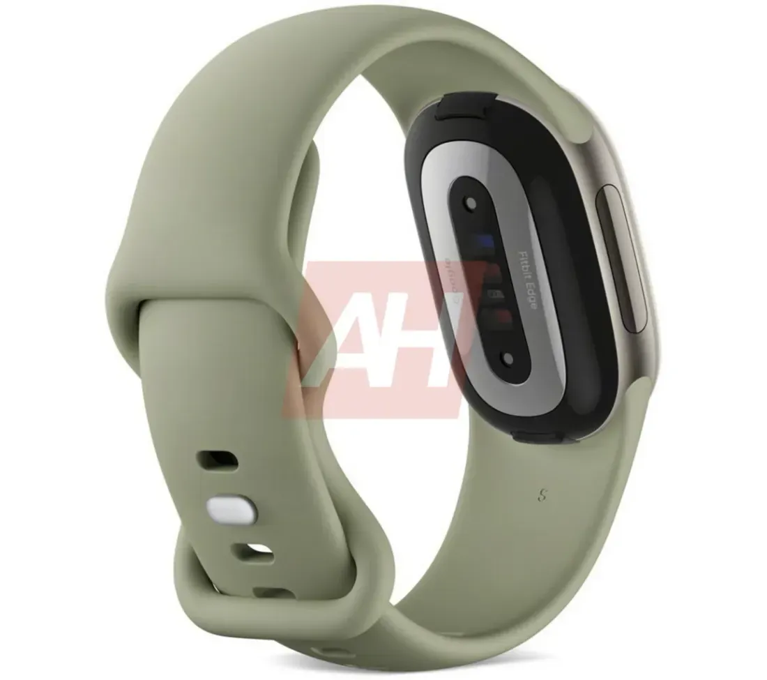 Tampak belakang Fitbit Edge warna Olive dan susunan sensor