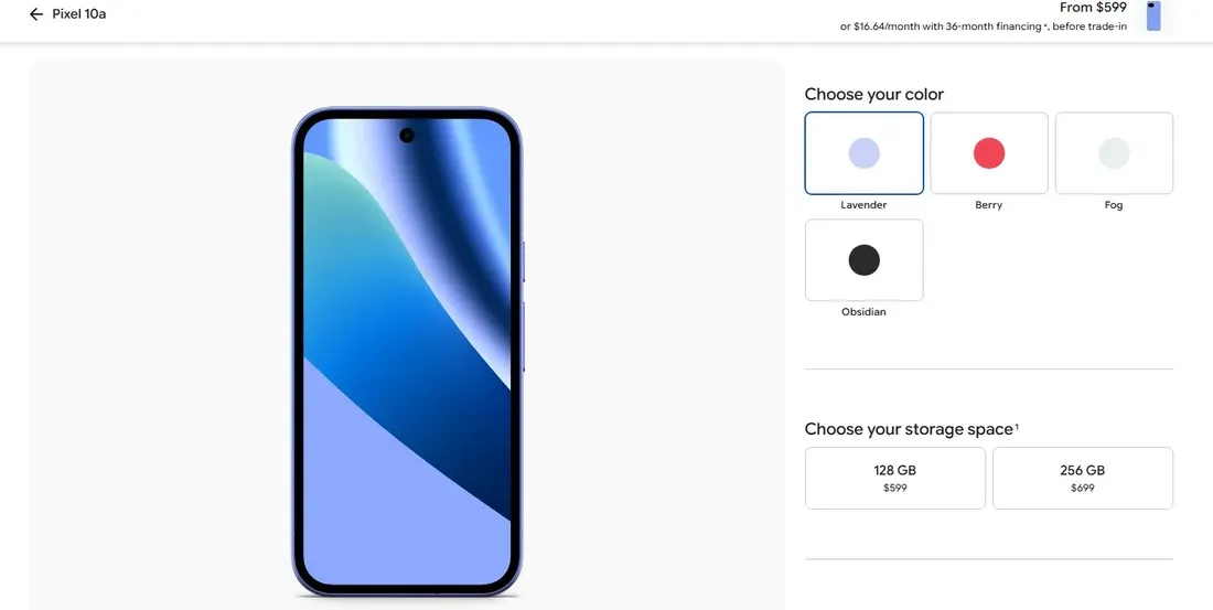 Tangkapan layar informasi harga terbaru Google Pixel 10a