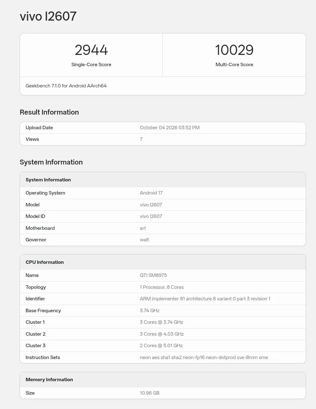 Tangkapan layar pengujian iQOO 16 di Geekbench