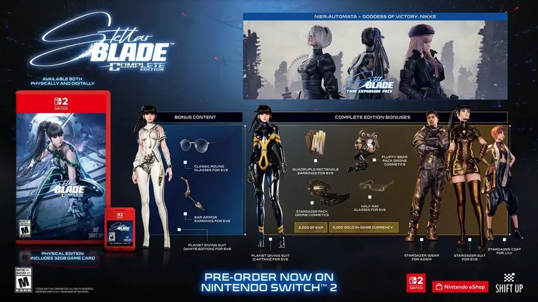 Stellar Blade Complete Edition ad is shown - Kabar Baik Game Fisik, Stellar Blade di Switch 2 Pakai Kaset 32 GB