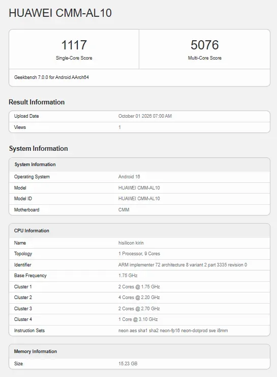 Hasil benchmark Geekbench 7 Kirin 9050 Pro untuk skor single-core