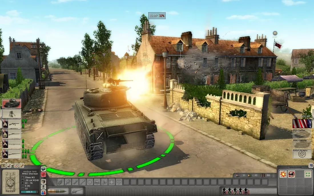 Tangkapan layar gameplay Men of War Assault Squad memperlihatkan pertempuran kendaraan tempur lapis baja