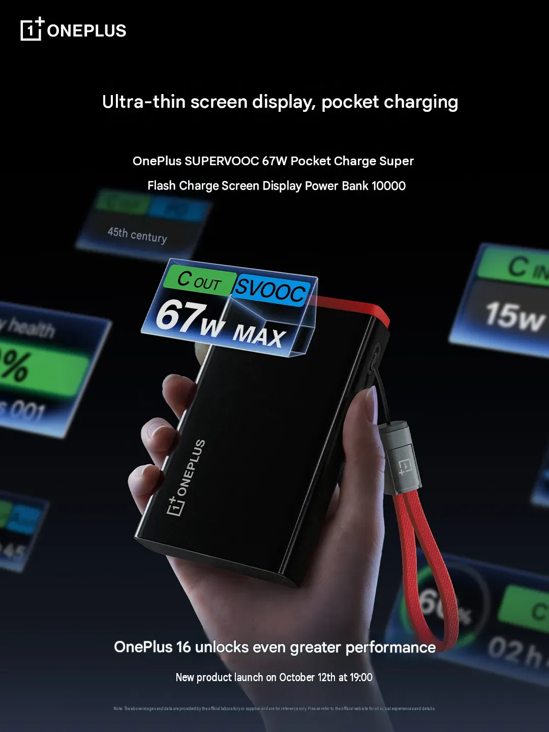 Tampilan fisik power bank OnePlus 67W dengan aksen merah dan kabel braided