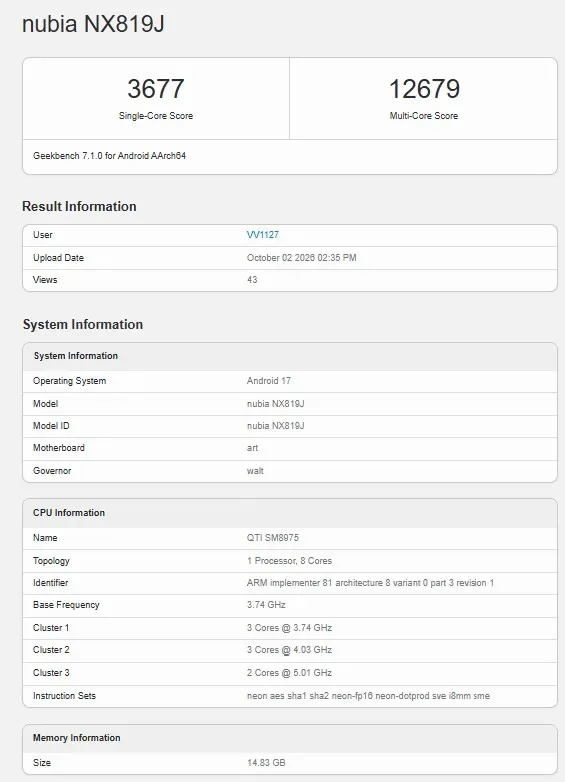 Tangkapan layar skor pengujian Geekbench 7 Nubia RedMagic 12 Pro+