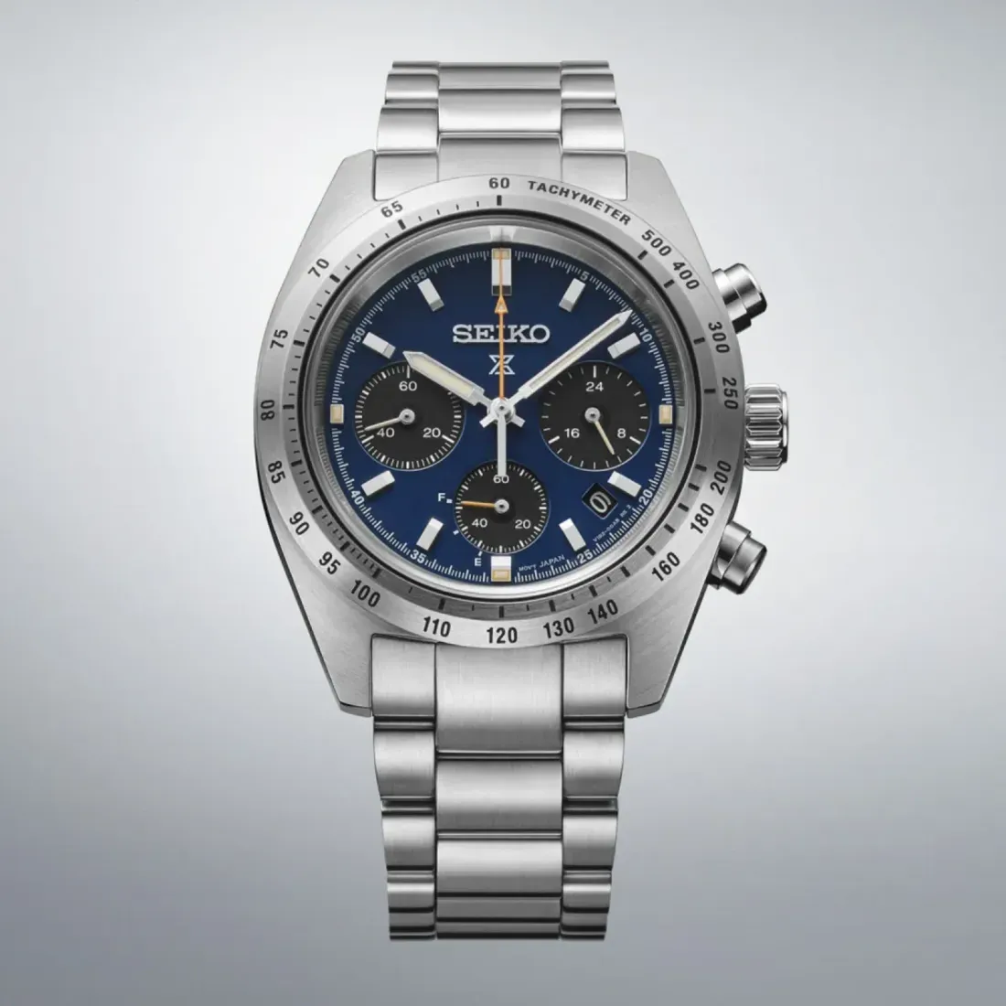 Detail dial midnight blue dan aksen oranye pada Seiko Prospex Speedtimer HBJ008P1