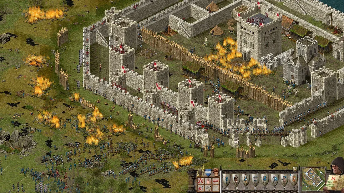 Tangkapan layar gameplay pembangunan puri di Stronghold Definitive Edition
