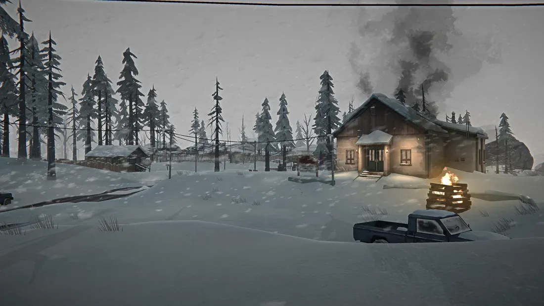 Rumah kayu terpencil di tengah salju pada game The Long Dark