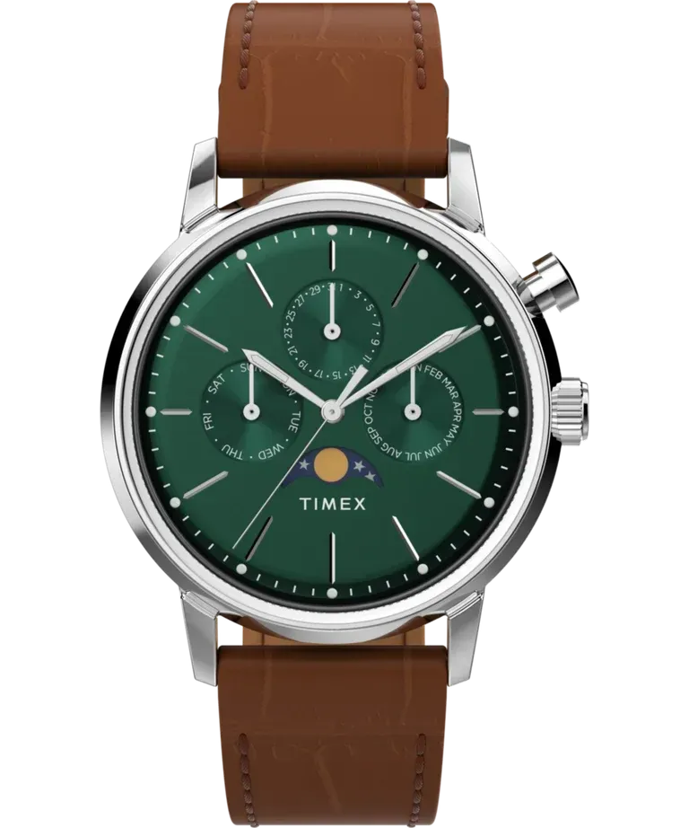 Timex Marlin Moon Phase dial hijau dengan strap kulit