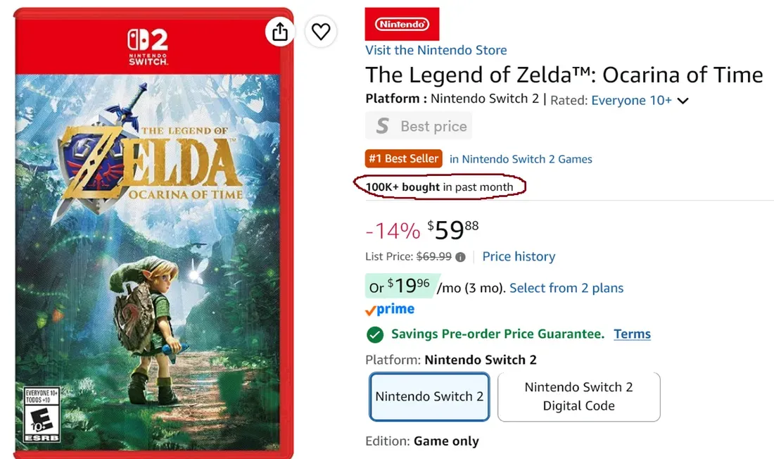 Tangkapan layar listing Amazon untuk pre-order Zelda Ocarina of Time Remake