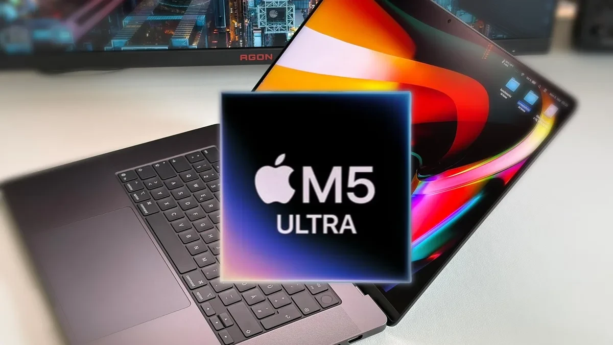 Ilustrasi laptop Apple MacBook Ultra dengan chip M5 Ultra dan RAM 512 GB