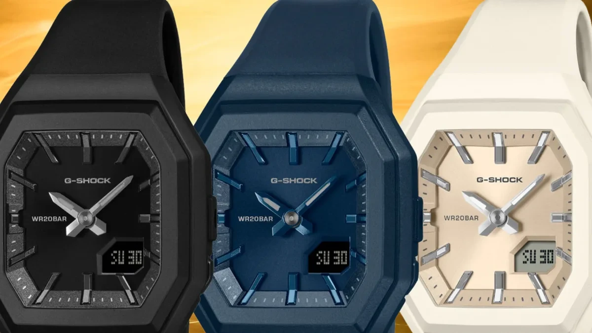 Deretan jam tangan Casio G-Shock GMA-S160 dalam varian warna hitam, biru, dan krem