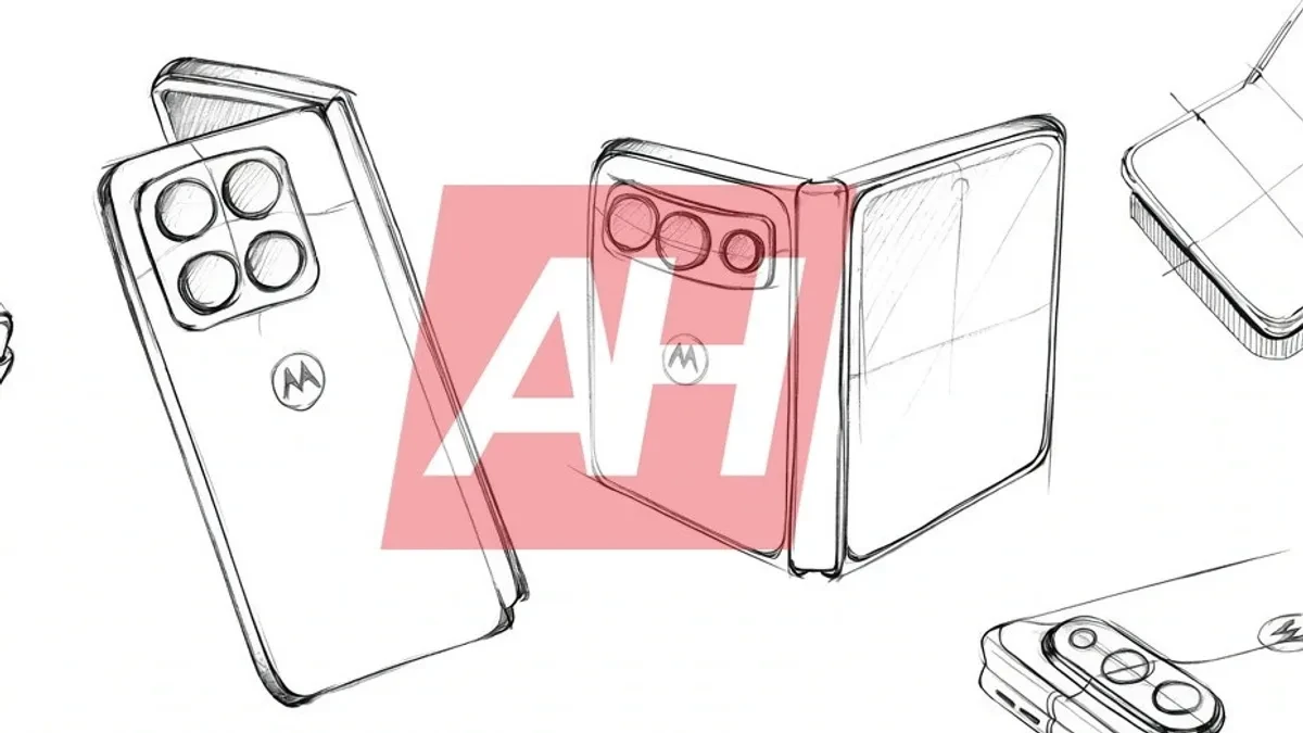 Sketsa desain ponsel lipat wide Motorola dengan kamera horizontal
